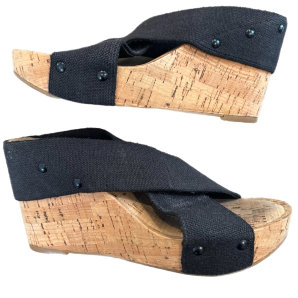 Lucky Brand Women's Miller2 Sandal Size 8.5 Cork Wedge Heel Platform Black Shoe